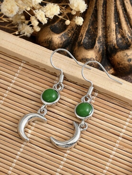 Jewelry - Crescent Moon And Green Stone Earrings